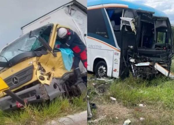 Acidente entre Caminhão e ônibus deixa duas pessoas mortas na BR-324 no município de Taquinho.